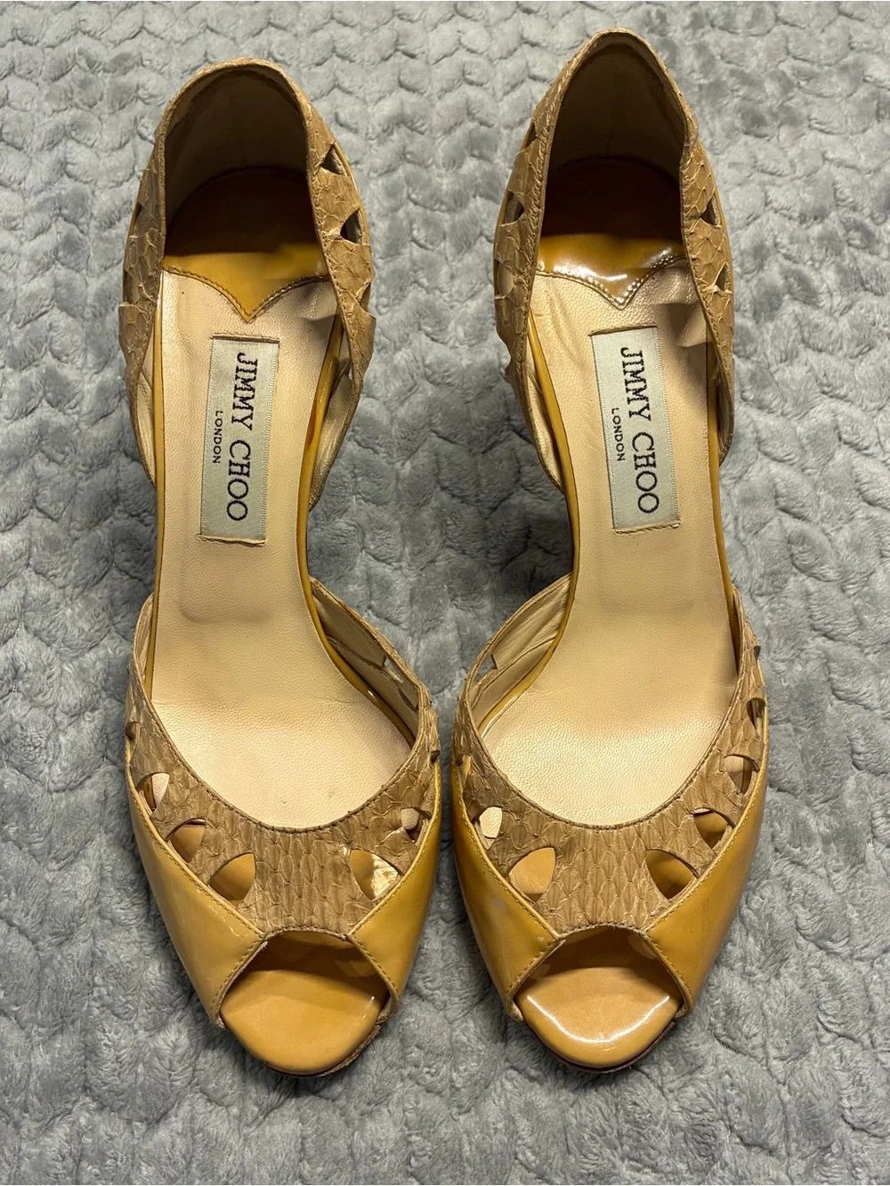 Jimmy Choo Mustard Yellow & Tan Cutout Peep-Toe Leather Heels